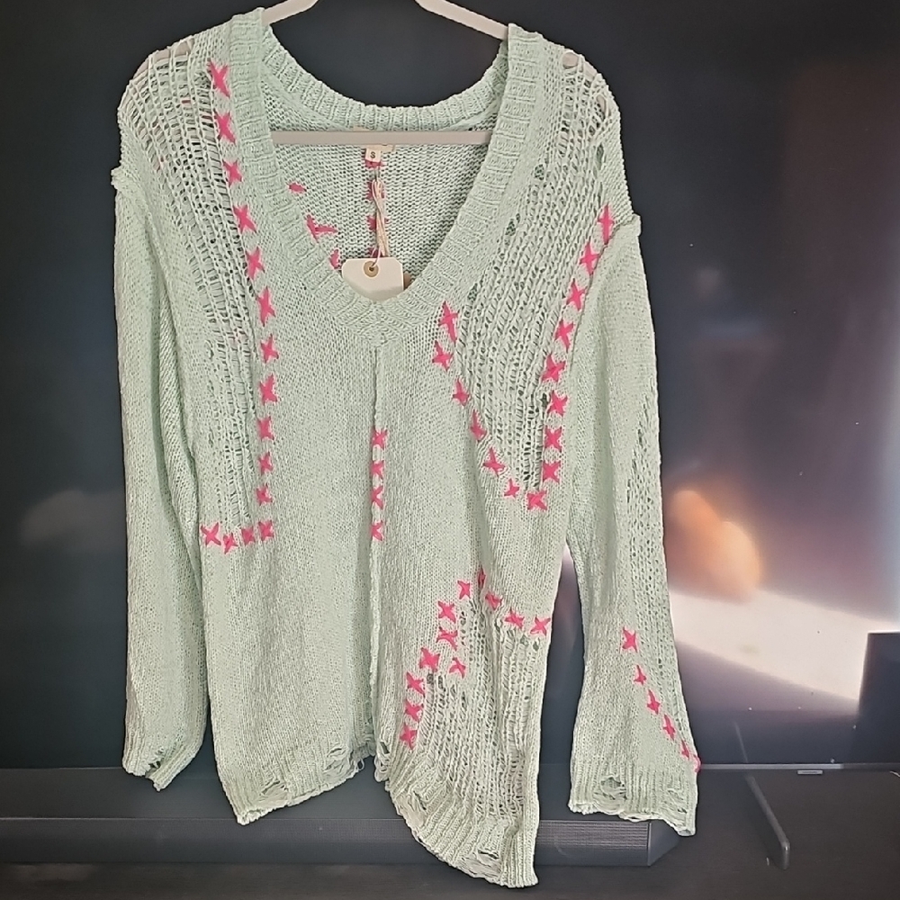POL Mint Green Knit Top with Pink Accents